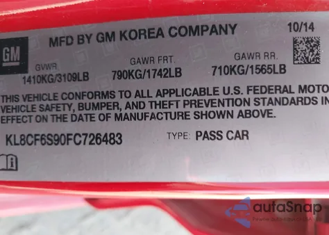 2015 Chevrolet Spark 2Lt Cvt from USA, damaged, VIN KL8CF6S90FC726483